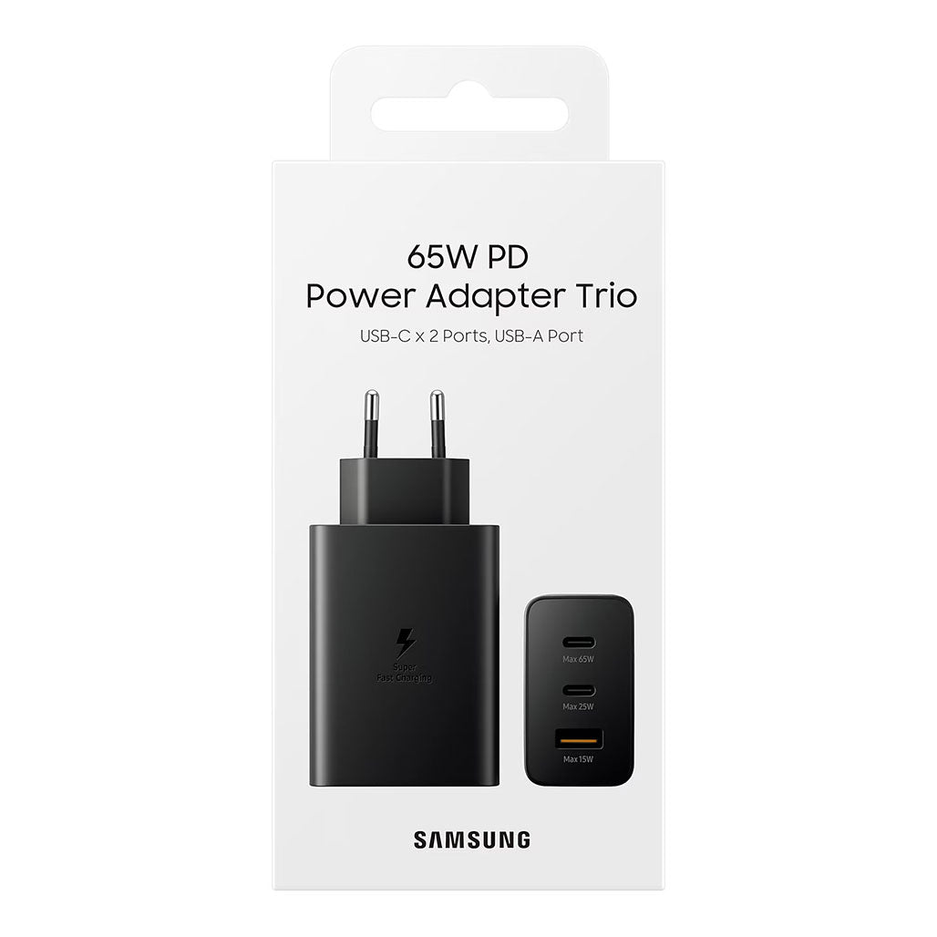 Samsung 65W Power Adapter Trio - Dual USB-C, USB-A, Fast Charging, and PD 3.0 Support