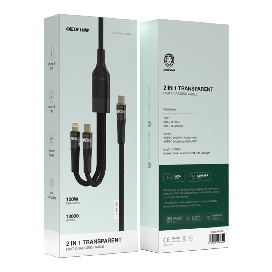 Green Lion 2-in-1 Transparent Fast Charging Cable with 100W Power – Black