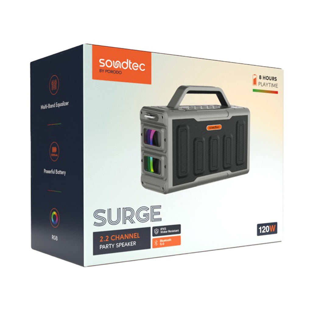 Porodo Soundtec Surge 2.2 Channel Party Speaker – Powerful Black Bluetooth Speaker with RGB Lighting