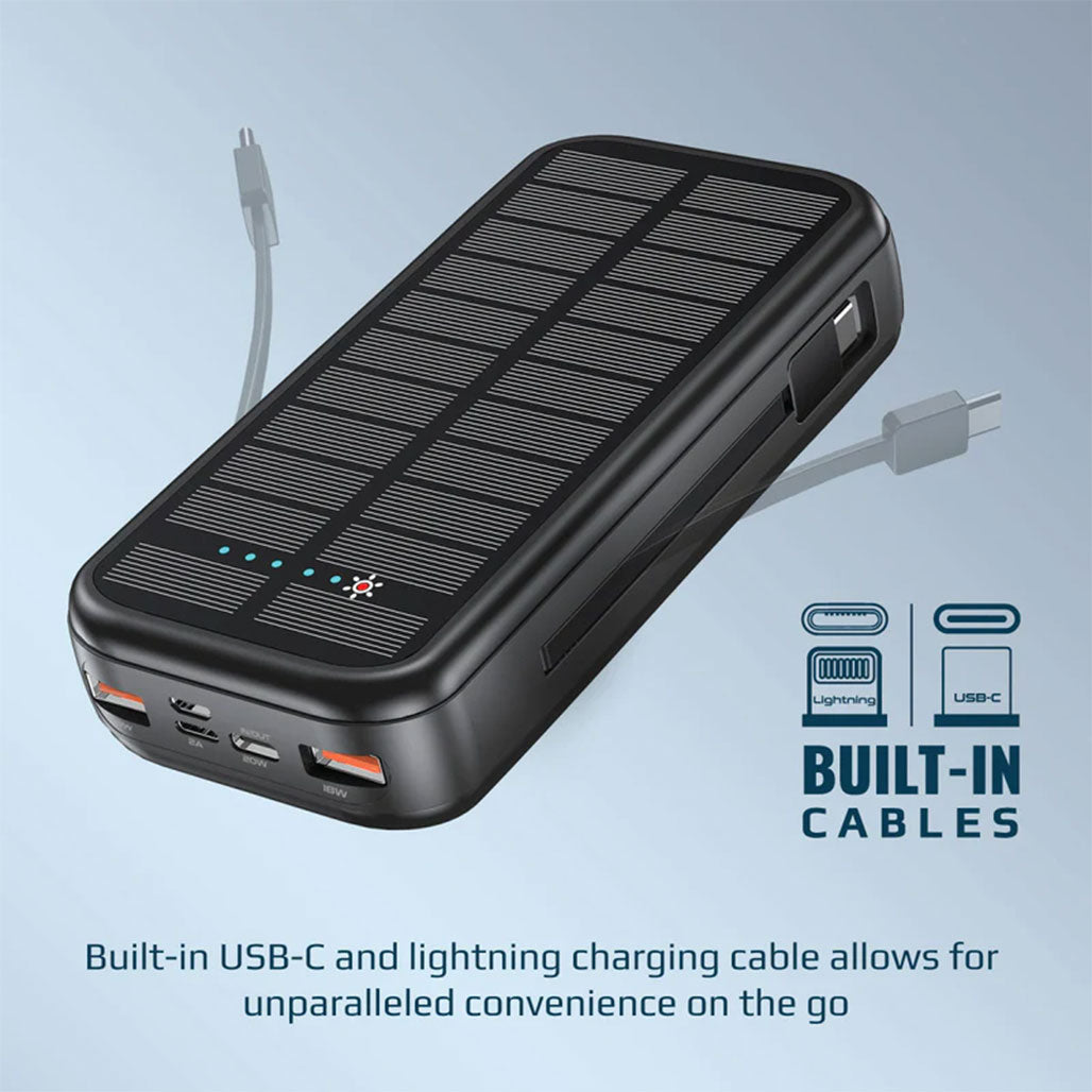 Promate SolarTank-20PDCi 20000mAh EcoLight™ Solar Power Bank with Built-in USB-C & Lightning Cables - Rugged, Quick Charging, Multi-Device Support