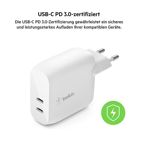 Belkin, WCB006VFWH 40W USB-C PD Home Charger Dual USB-C Ports, 20W Per Port, Power Delivery Charging for iPhone 13, 13 Pro, 13 Pro Max, iPhone 13 mini and Earlier, iPad Pro, Galaxy, and More