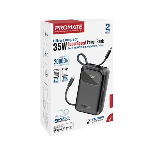 Promate, PowerPod-20, Ultra Compact 35W 20.000mAh SuperSpeed Power Bank with Built-In USB-C & Lightning Cable - POWERPOD-20